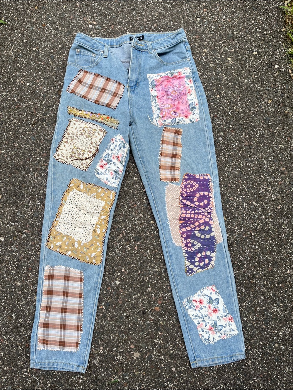 Nasty Gal Light Blue Straight-Leg Patchwork Jeans with Floral & Plaid Patches